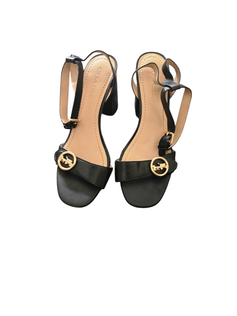 Coach Maddi Black Leather Slingback Block Heel Sandals with Gold Accent Size 11 - Picture 2 of 8